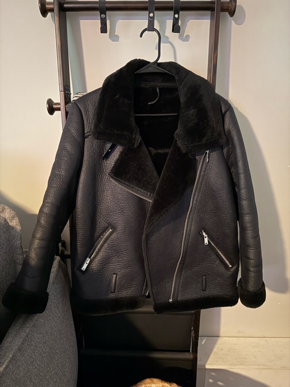 Women's Black Faux Leather Faux Shearling Biker Jacket